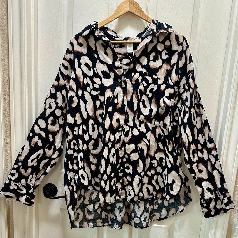 H&M 100% Linen Tunic Top Size M Black Leopard Print Boho Loose Fit Natural Airy